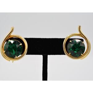 RF Vintage Crystal Clip On Earrings Gold Green Prong Rhinestone Signed BinAI